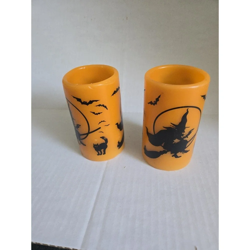2 Halloween Flameless LED Pillar Candles Orange Black Witch Cat Bats Wax Battey